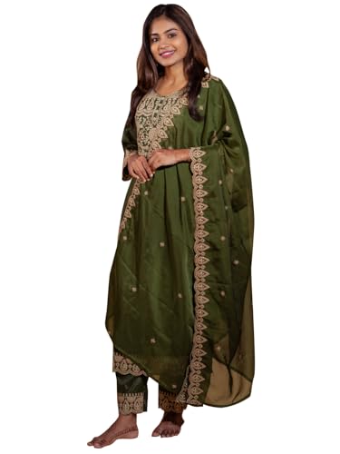 Image of VredeVogel Women's Silk Blend Embroidered Kurta with Pant & Silk Chiffon Dupatta Set