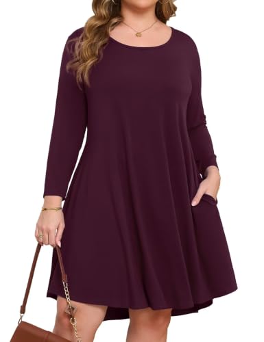 JollieLovin Women Plus Size 3/4 Sleeve Casual Dress Crew Neck with Pockets(1X,Burgundy)