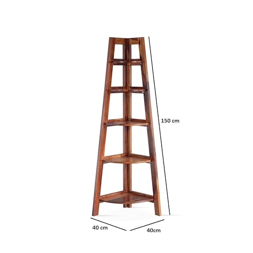 Image of SHYAM ART & CRAFT Solid Sheesham Wooden Corner Bookshelf for Living Room Floor Standing Corner Book Shelf 5 Tier Ladder Cabinet Corner Shelf for Home Decor|Bookshelf for Home | Brown Finish