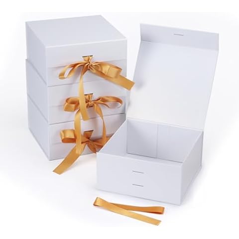 Giftgarden 4 Pack 8”x8”x4” White Gift Boxes with Ribbon Magnetic Lids, Collapsible Square Gift Wrap Box Magnet Clourse for Present, Christmas, Birthday, Wedding, Valentines, Bridesmaid Proposal Box Cover