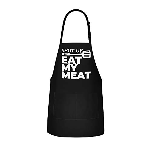 Funny Bbq Apron For Men - Shut Up And Eat My Meat - Adjustable Large 1 Size Fits All - Poly/Cotton Apron With 2 Pockets - Bbq Gift Apron For Father, Husband, Chef #TOP4