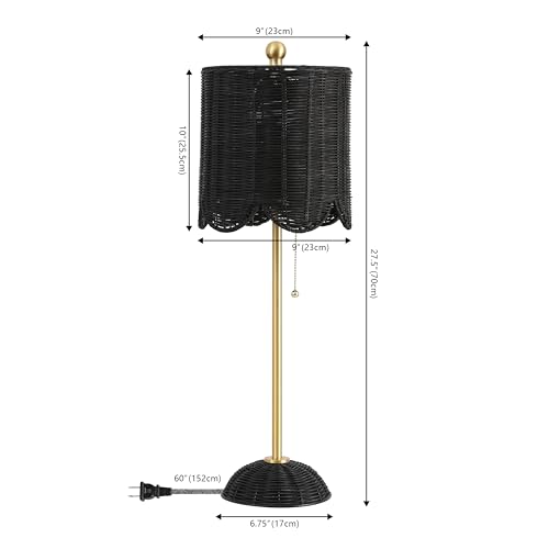 JONATHAN Y 27.5" Black/Brass Gold Coastal Buffet Table Lamp Set of 2 for Bedroom, Boho Table Lamps with Natural Rattan Scalloped Shade, Pull Chain, LED Bulbs Included (JYL1138C-SET2) by JONATHAN Y - Image 4