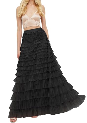 CHARTOU Women Layered Tiered Tulle Maxi Skirt Sheer Mesh A Line Skirt Flared Elastic Waist Long Cake Skirt Party (Medium,Black)