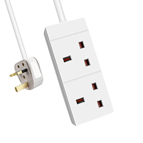 EXTRASTAR 2 Gang Extension Lead White, 1M Extension Cable with 13A Fused UK Plug Max 3120W, 2 Plug extension for Home and Office