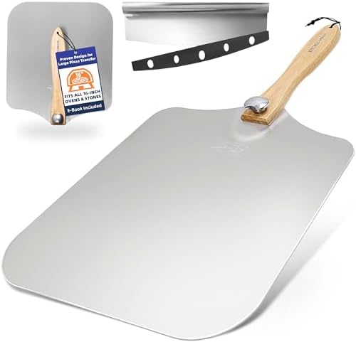 Large Pizza Peel 16 inch - Extra Large Metal Pizza Peel with 14 inch Stainless Steel Pizza Cutter Rocker, Pizza Paddle with Folding Handle (13