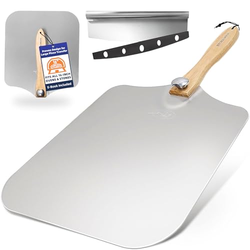 KITCHUS MOON Large Pizza Peel 16 inch - Extra Large Metal Pizza Peel with 14 inch Stainless Steel Pizza Cutter Rocker, Pizza Paddle with Folding Handle (13