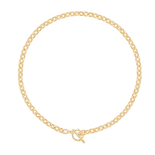 Image of Aobei Pearl 18K Gold Chunky Cable Chain Choker Necklace Open Oval Link Chian Toggle Necklace for Women Minimalist Layering Jewelry 17”
