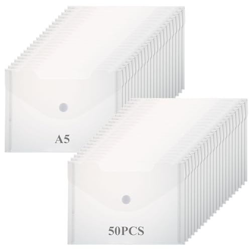 SHUESS 50 Pcs Plastic Wallets - A5 Plastic Wallets with Popper - Plastic Wallet Folders - Clear A5 Document Wallet for Home, Office, School