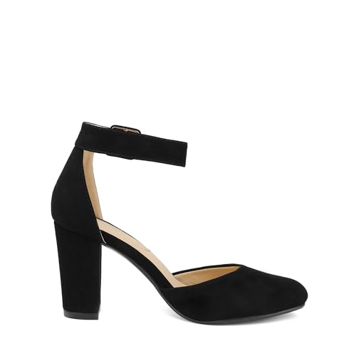 DREAM PAIRS Women's High Heel Ankle Strap Closed Toe Chunky Wedding Party Pumps Shoes,Size 8,Black/Nubuck,Angela - Image 2
