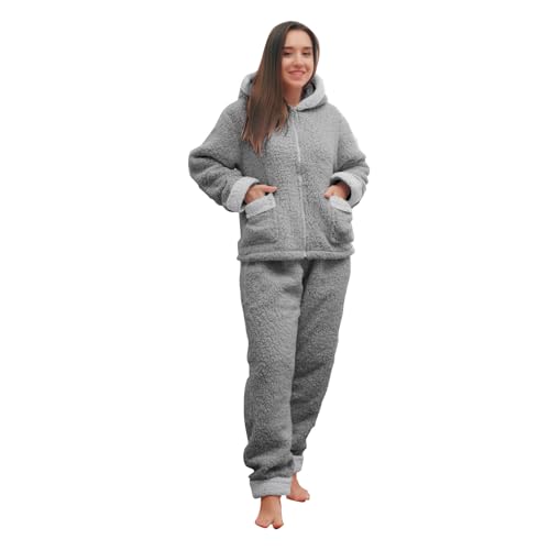 Image of groundlevel Supersoft Snow Fleece PJ Lounge Wear 2pc Set, Extra Warm Zip Hoody With Matching Bottoms - Grey Small (UK 8-10)