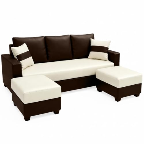 Image of STRIKON Dual Tone 3 + 2 Ottoman Leatherette Sofa Set | Premium Leatherette Upholstery | Modern Designer Sofa for Living Room & Office Spaces (Brown & Cream)