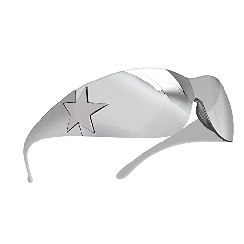 Crazy Feng Rimless Y2K Sunglasses for Women Men,Trendy Shield Wrap Around Sunglasses Oversized Fashion Frameless Sun Glasses, Silver Shades, oversized