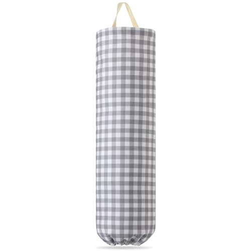 Poola Voidra Gingham Plastic Bag Holder, Wall Mount Grocery Bag Storage Organizer, Hanging Buffalo Check Plaid Trash Bags Dispenser for Farmhouse Home Kitchen Pantry Laundry Room Decor (Gray)