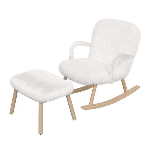 MEXUS Silla mecedora con taburete, apta para lactancia, sillón extra suave y lindo, silla de adulto, mecedora de madera para salón dormitorio (blanco)
