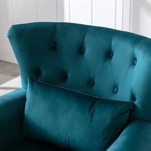 Mid century modern accent chair upholstered armchair comfy velvet tufted wingback single sofa with ottoman for bedroom living room teal  urban country home decor