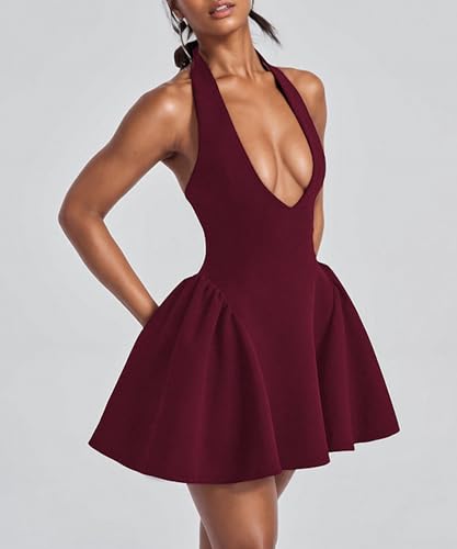 Image of Kwunbwa Women's Sexy Sleeveless V Neck Halter Backless A line Mini Dress | Ruffle hem, flowy, solid color, suitable for casual, party, cocktail, club, prom, wedding guest, vacation, birthday, travel