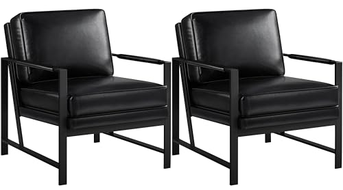 Image of Yaheetech Mid-Century Modern Accent Chairs Set of 2, Black | Oversized Faux Leather Chair with Soft Cushion, Ergonomic 105 Back, Reading Chair for Living Room, Bedroom and Waiting Room