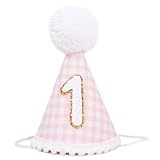 BASCT Pink Gingham Style 1st Birthday Hat - 1st Birthday Party Hat for girls, Baby girl 1st Birthday Decoration, Princess First Birthday Crown, Pink and Gold 1st Birthday Decor