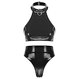 Moggemol Femme Vernis Cuir Latex Sousvêtements Wetlook Crop Débardeur Soutiengorge en Cuir Culotte Slip Set Haut Coupé Vernis Lingerie Lingerie Mode Plage Noir S