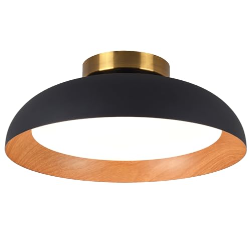 Image of Bargeni Flush Mount Ceiling Light, Black with Wood-Grain Finish,12.5 inch