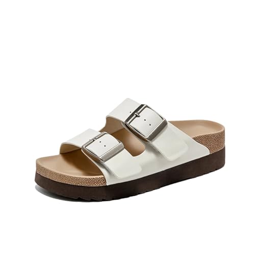 Women's Genuine Leather Slippers - Metal Buckle Double Strap Summer Beach Flats