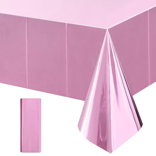 Just Shimmer 1 Piece Pink Foil Tablecloth 54 * 72inch Plastic Baby Shower Birthday Party Table Cloths Disposable Waterproof Table Cover for Anniversary Bridal Shower Wedding Party Supplies