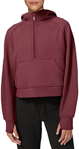 LASLULU Womens Fuzzy Cropped Hoodies Sport Athletic Zip Up Hoodie Stand Collar Sweater Fleece Lined Sweatshirt Long Sleeve Pullover Tops Pockets(Burgundy XX-Large)