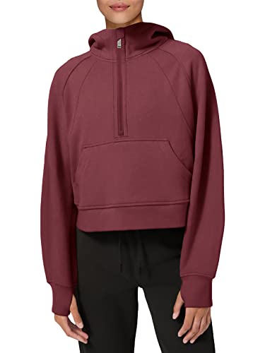 Laslulu Womens Fuzzy Cropped Hoodies Sport Athletic Zip Up Hoodie Stand Collar Sweater Fleece Lined Sweatshirt Long Sleeve Pullover Tops Pockets(Burgundy Xx-Large) #TOP20