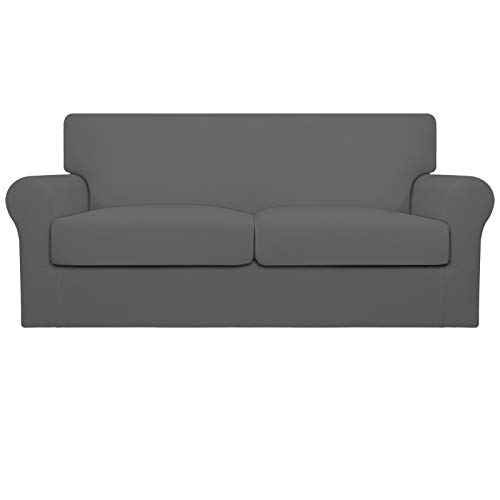Easy-Going Oversized 3 Pieces Stretch Fleece Soft Loveseat Couch Cover for Pets - Washable Sofa Slipcover for 2 Separate Cushion Couch - Elastic Furniture Protector for Dogs, Kids Gray