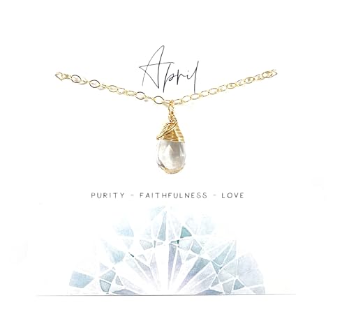 April Birthstone Necklace for Women – Clear Quartz Briolette Pendant – 14k Gold Filled Chain, Handmade April Gift, Dainty Wire Wrapped Jewelry