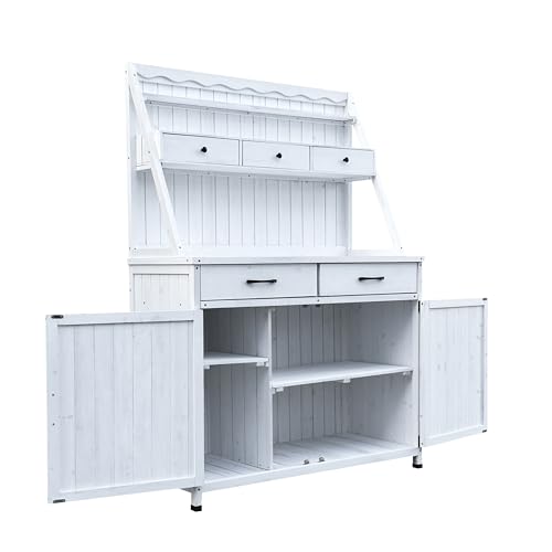 GDFStudio Farmhouse Outdoor Storage Bench Table with Cabinet, Fir Wood Potting Bench Plant Bench, Large Garden Storage Work Bench with Drawers Removable Shelf for Backyard Patio Greenhouse, White