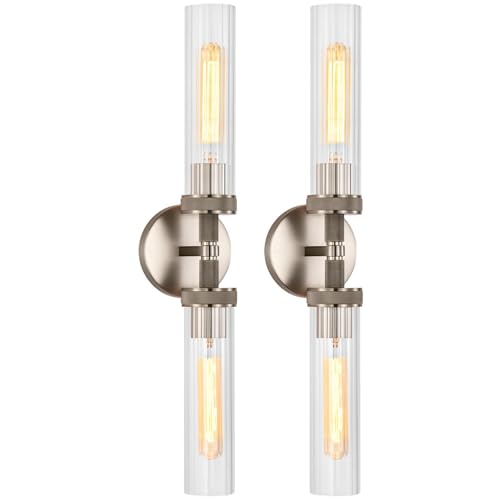 LaLuLa 2-Light Brushed Nickel Vanity Wall Lights Set of 2 –Hardwired Bathroom Light Fixtures with Rippled Glass Shades and Textured Metal Body, Chrome Accent Sconces for Over Mirror or Hallway