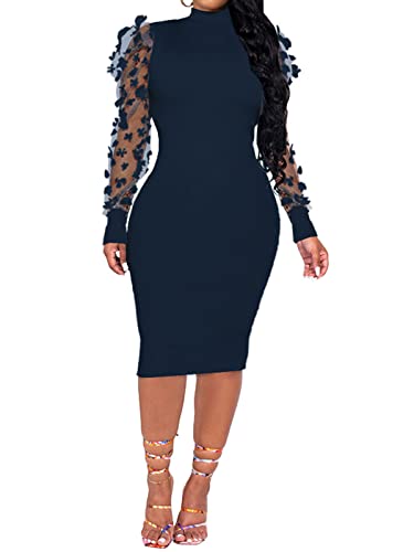 Fastkoala Women's Sexy Ribbed Bodycon Dress Lace Long Sleeve Slim Fit Midi Dress Turtle Neck Night Club Party Dresses2