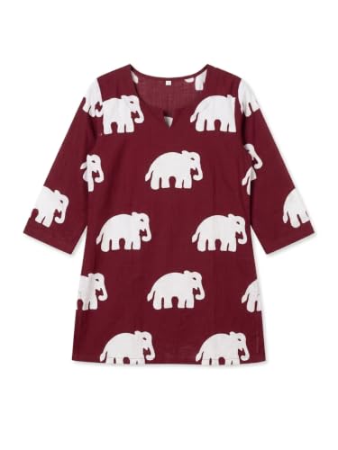 Image of Women's Elephant Print Short Kurti | Maroon and White | Round Neck, 3 /4 Sleeve, Casual Wear - Size, M