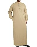 Jacansi Men's Long Sleeve Muslim Robe Button Up Side Split Kaftan Thobe Long Gown Casual Shirt for Beach Khaki M