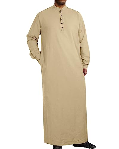 Jacansi Men's Long Sleeve Muslim Robe Button Up Side Split Kaftan Thobe Long Gown Casual Shirt for Beach Khaki M
