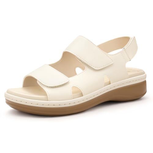 PIZZ ANNU Clara Women's Orthopedic Sandals Wedge Walking with Arch Support, Comfortable Chunky Lightweight Hook & Loop Summer Shoes for Everyday Wear Ivory Size 8