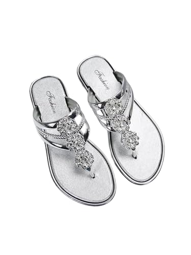 Verdusa Women's Glitter Dressy Sandals Shiny Floral Slip on Flat Flip Flops