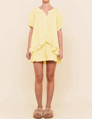 Womens Gingham Pajama Set 2 Piece Cotton Short Sleeve Plaid Ruffle Pjs Outfits Lounge Babydoll Shirt Sleepwear4