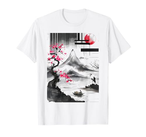 Arbre d'art japonais Lune rouge avec oiseaux volant en arrière-plan T-Shirt