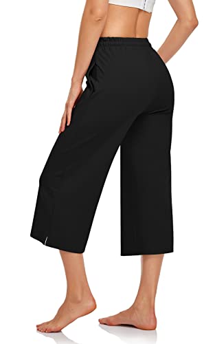 Ueu Womens Capri Pants Casual Summer Loose Yoga Pants Wide Leg Flowy Lounge Pajama Capris Sweatpants Joggers With Pochets(Black,M) #TOP2