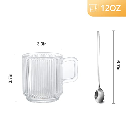 [6 Pack, 12 Oz]Design•Master Premium Vertical Stripes Glass Coffee Mugs With Spoons, Transparent Tea Glasses For Hot/Cold Beverages, Perfect Design For Americano, Cappuccino, Latte And Beverage. #TOP1