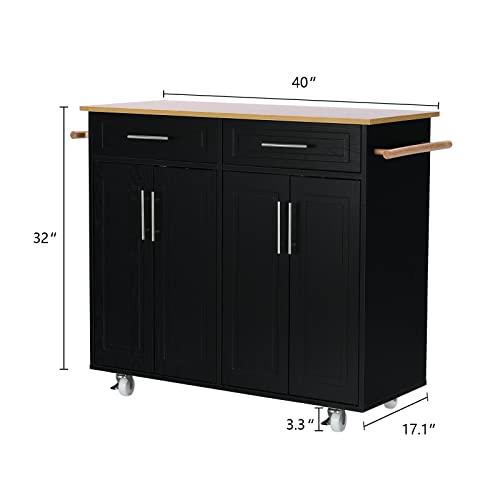 Kitchen Island On Wheels With Storage, Rolling Kitchen Island With 2 Drawers And 2 Storage Cabinets, Black Kitchen Island With Wooden Countertop, Towel Racks, Adjustable Shelves, 45 L X 17.1 W X 36 H #TOP4