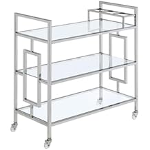 BOWERY HILL Contemporary Bar Cart, Clear Tempered Glass Shelves, 35" H x 33" W x 16" D, Chrome Finish, Modern Glam Design with Casters, Rectangular Serving Cart for Living or Dining Room Use