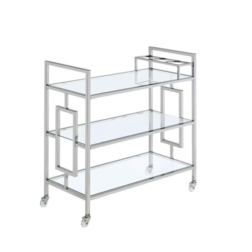 BOWERY HILL Contemporary Bar Cart, Clear Tempered Glass Shelves, 35" H x 33" W x 16" D, Chrome Finish, Modern Glam Design with Casters, Rectangular Serving Cart for Living Room or Dining Room Use