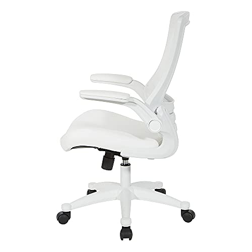 Office Star Ventilated White Screen Back Manager's Office Chair With Padded Flip Arms With White Nylon Base, White Faux Leather #TOP1