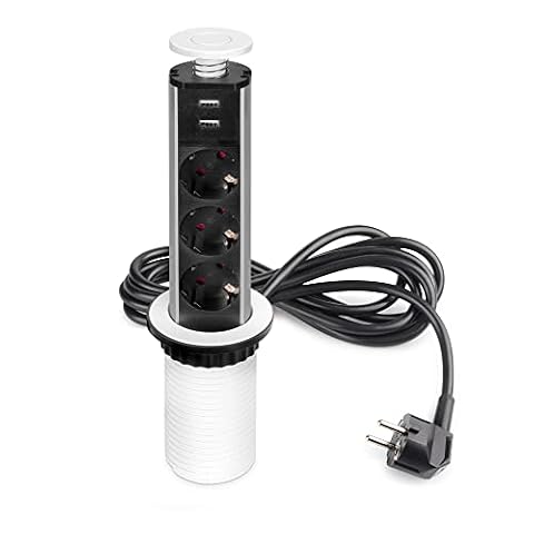 Emuca - Gniazdowa listwa zasilająca wysuwana Vertikal, 3 wtyczki UE/ 2 wtyczki USB, Malowane na biało, Plastik i Aluminium