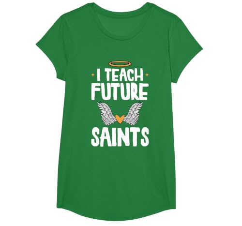I Teach Future Saints Catholic Educator Teacher T-Shirt, Girls, Kelly Green, Medium