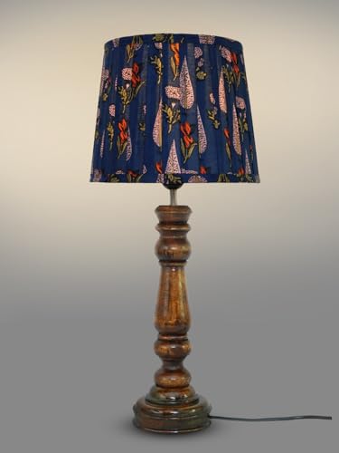 Image of Green Girgit Classic Wooden Lamp in Walnut Brown Color with Pleeted Multiolor Blue Leaf Shade, Vintage Wooden Table Lamp with Floral Print Shade, Decorative Light for Bedroom (LED Bulb Included)