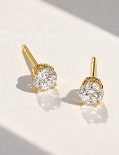 Image of IGI Certified 1 Carat Lab Grown Diamond Stud Earrings for Women | E-F Color VS Clarity | 14K Gold 4-Prong Push Back | Round Brilliant Cut Solitaire Studs | Luxury Gift Box Included